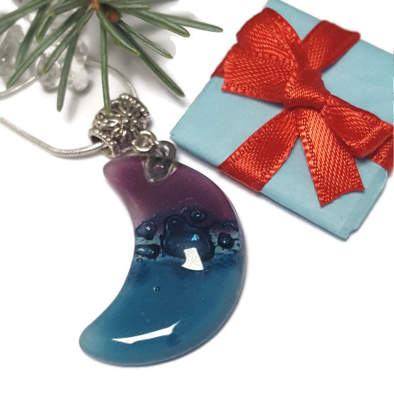 Purple, blue Moon Recycled Glass Pendant. Small moon made of Recycled Glass. Handmade. Best holiday gift. Crescent moon. Waxing moon