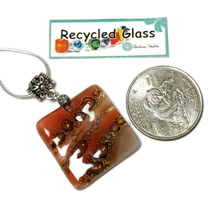 Square small Pendant. Handmade Red, Pink and Brown Recycled Fused Glass Necklace. Dainty colorful necklace. Everyday Pendant. handcrafted