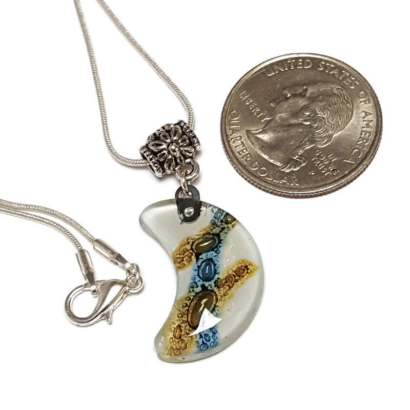 Blue Moon shape Recycled Glass pendant. Fused Glass Necklace. Moon Charm. Great gift idea. Handcrafted beads. Eco-friendly magical jewelry