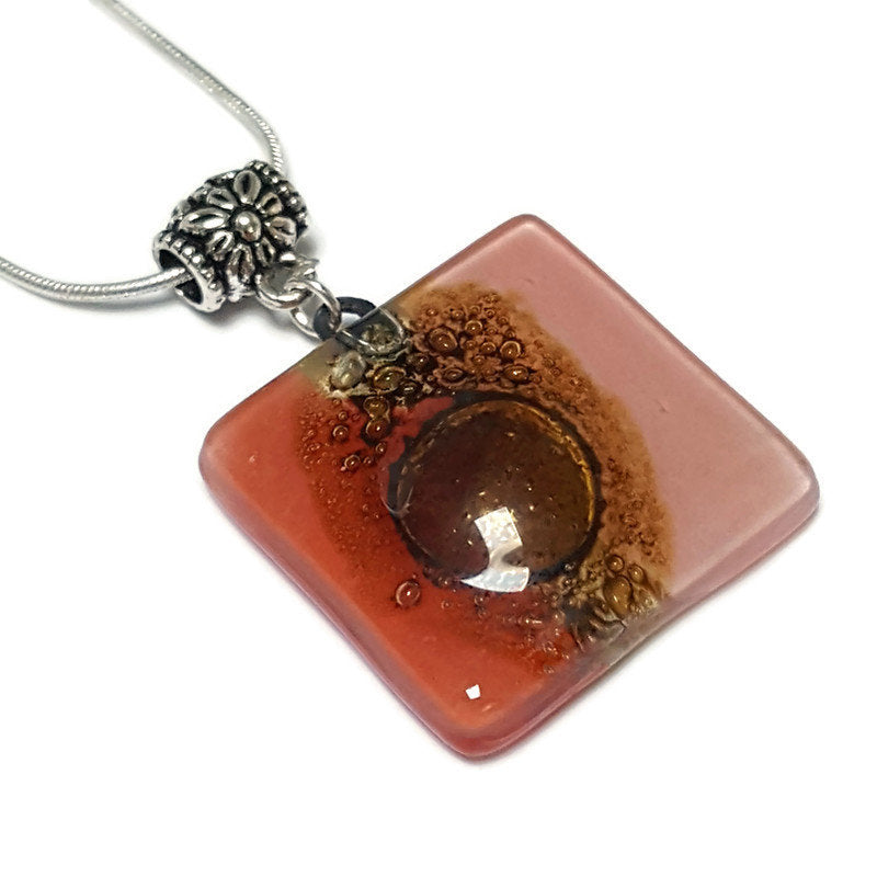 Necklace. Square Red and pink small recycled glass Pendant. Handmade Red, pink and brown. Dainty colorful necklace. Everyday Pendant