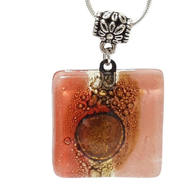 Necklace. Square Red and pink small recycled glass Pendant. Handmade Red, pink and brown. Dainty colorful necklace. Everyday Pendant