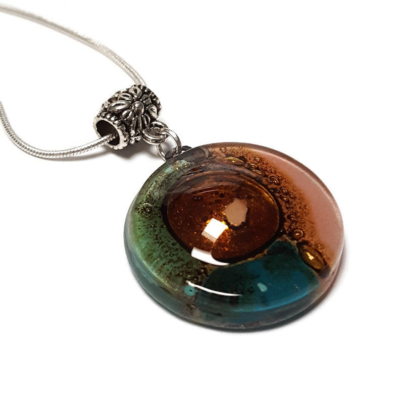 Round Pendant. Recycled Fused Glass Green and pink Handmade small necklace. Handcrafted beads. Golden Bubbles. Great holiday gift. Colorful