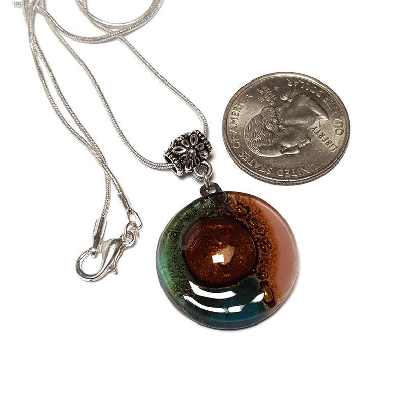 Round Pendant. Recycled Fused Glass Green and pink Handmade small necklace. Handcrafted beads. Golden Bubbles. Great holiday gift. Colorful