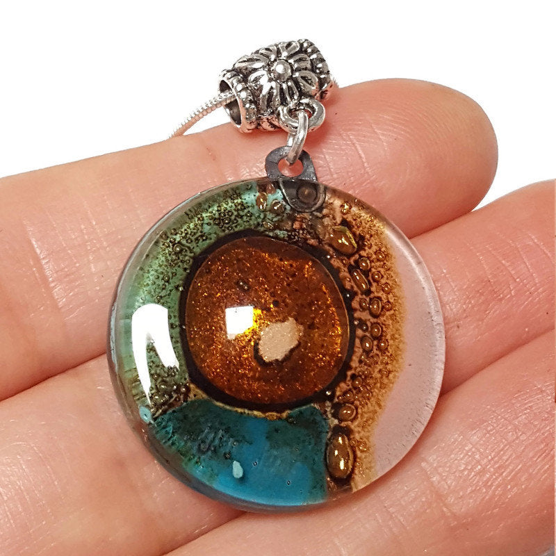 Round Pendant. Recycled Fused Glass Green and pink Handmade small necklace. Handcrafted beads. Golden Bubbles. Great holiday gift. Colorful