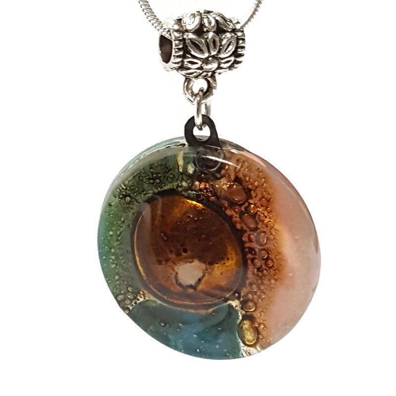 Round Pendant. Recycled Fused Glass Green and pink Handmade small necklace. Handcrafted beads. Golden Bubbles. Great holiday gift. Colorful