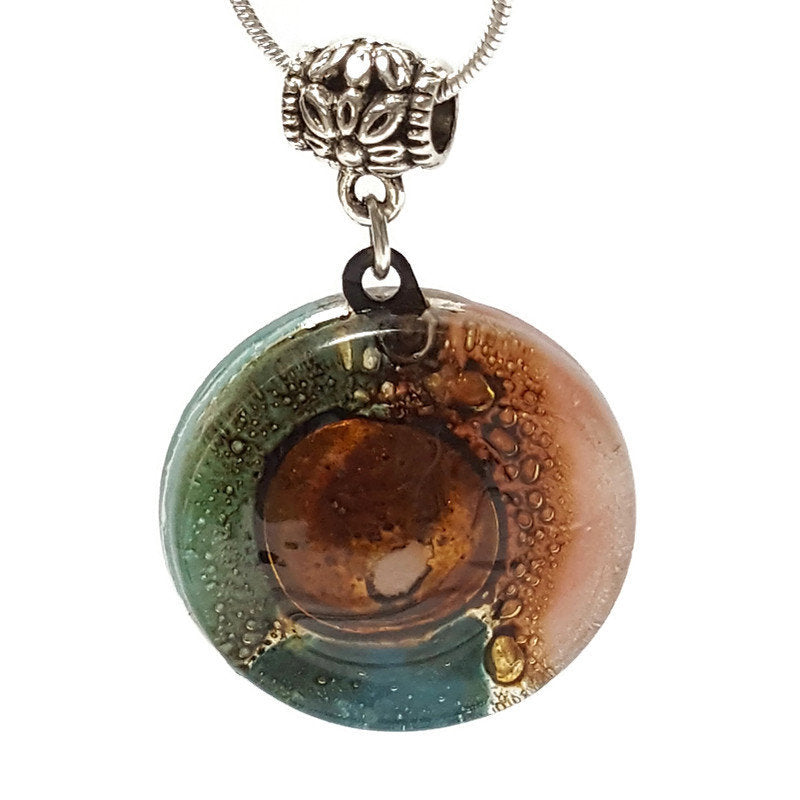 Round Pendant. Recycled Fused Glass Green and pink Handmade small necklace. Handcrafted beads. Golden Bubbles. Great holiday gift. Colorful