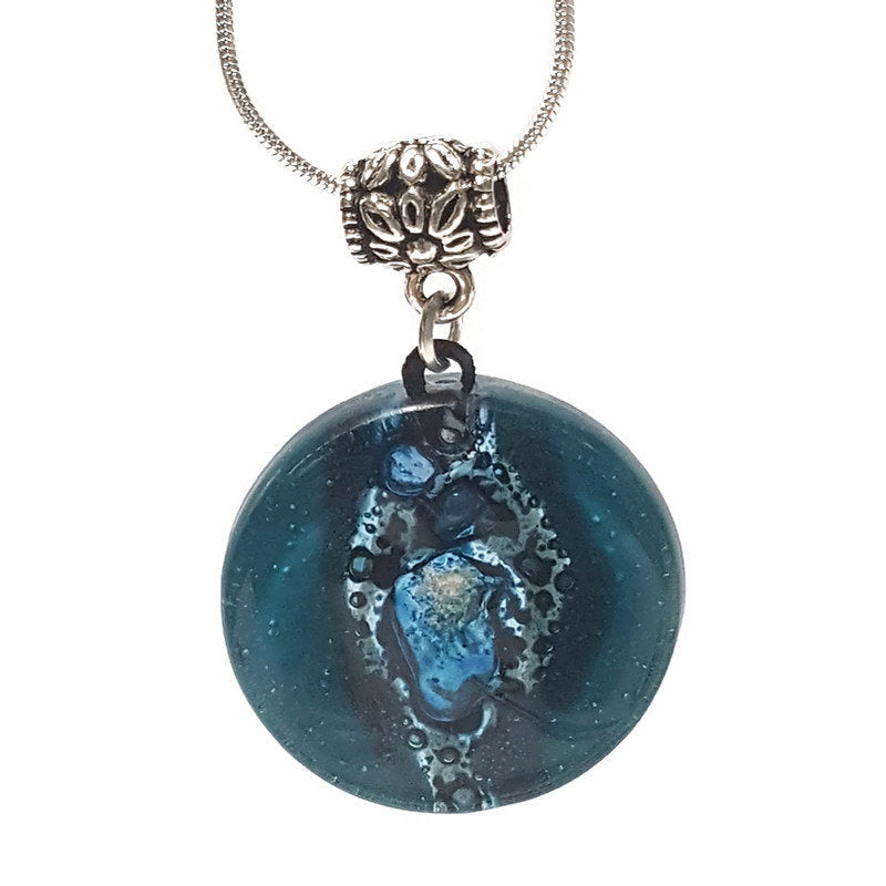 Glass pendantTeal and blue round Fused Glass Pendant. Recycled Glass Necklace. handmade Jewelry. Best holiday gift. Hand painted fused glass