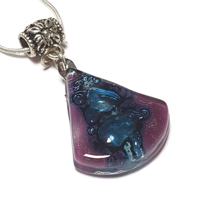 Glass pendant. Purple and blue circular triangle recycled Fused Glass Necklace. Awesome handcrafted and eco friendly gift under 15 for her.