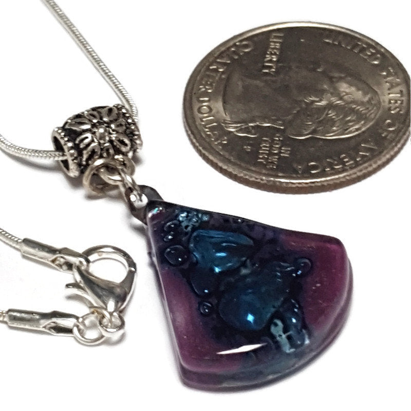 Glass pendant. Purple and blue circular triangle recycled Fused Glass Necklace. Awesome handcrafted and eco friendly gift under 15 for her.