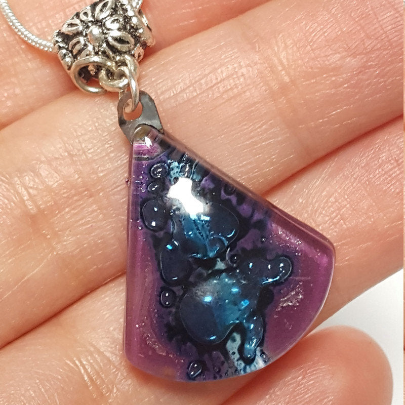 Glass pendant. Purple and blue circular triangle recycled Fused Glass Necklace. Awesome handcrafted and eco friendly gift under 15 for her.