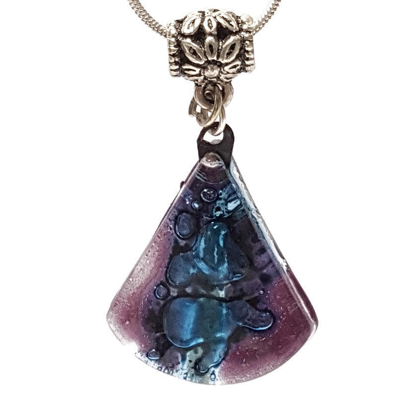Glass pendant. Purple and blue circular triangle recycled Fused Glass Necklace. Awesome handcrafted and eco friendly gift under 15 for her.