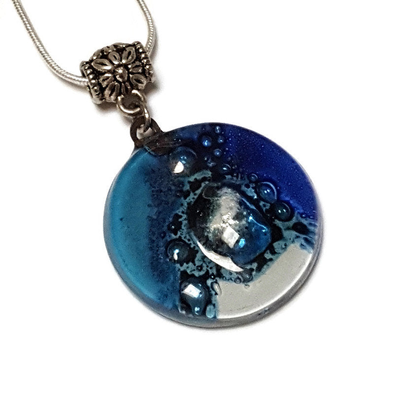 Glass pendant Blue and white round Fused Glass Necklace. Silver bubbles. Handmade gifts. Unque handcrafted necklace. Glass with bubbles