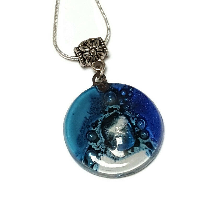 Glass pendant Blue and white round Fused Glass Necklace. Silver bubbles. Handmade gifts. Unque handcrafted necklace. Glass with bubbles