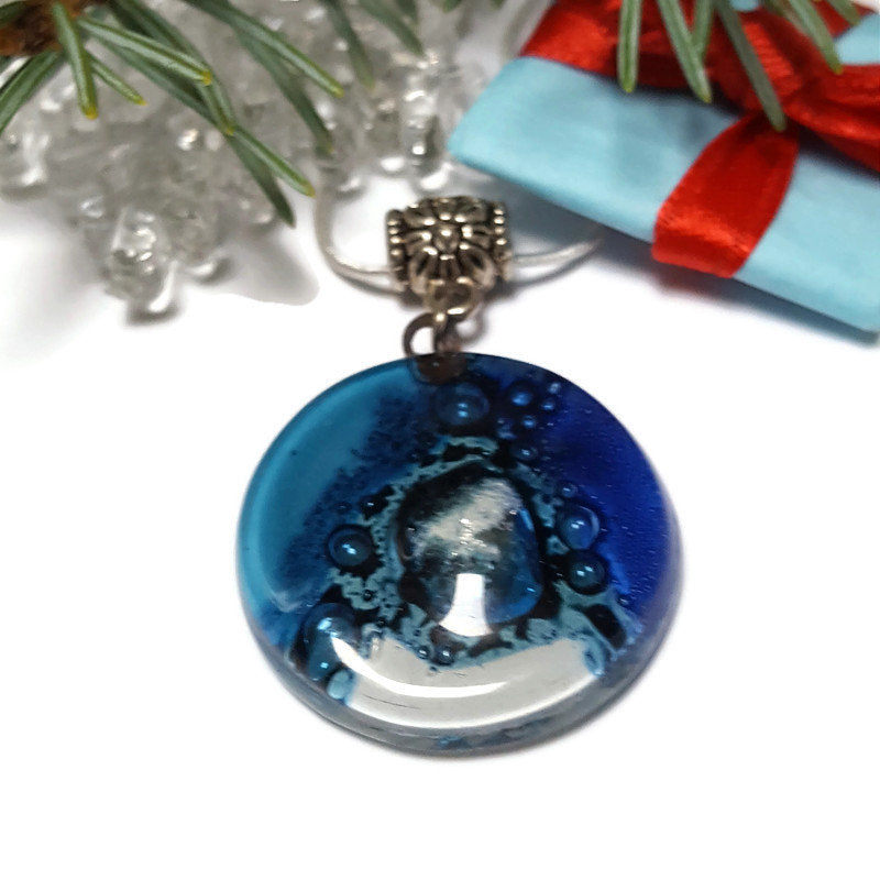 Glass pendant Blue and white round Fused Glass Necklace. Silver bubbles. Handmade gifts. Unque handcrafted necklace. Glass with bubbles