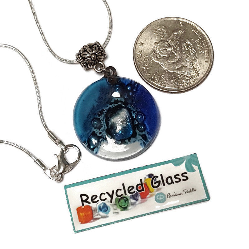 Glass pendant Blue and white round Fused Glass Necklace. Silver bubbles. Handmade gifts. Unque handcrafted necklace. Glass with bubbles