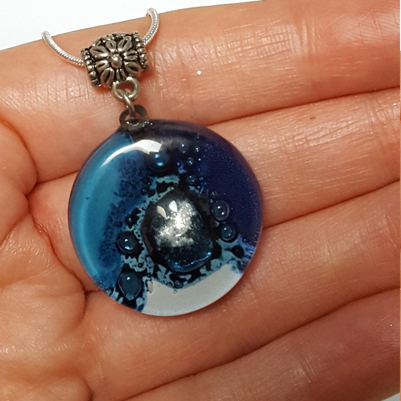Glass pendant Blue and white round Fused Glass Necklace. Silver bubbles. Handmade gifts. Unque handcrafted necklace. Glass with bubbles