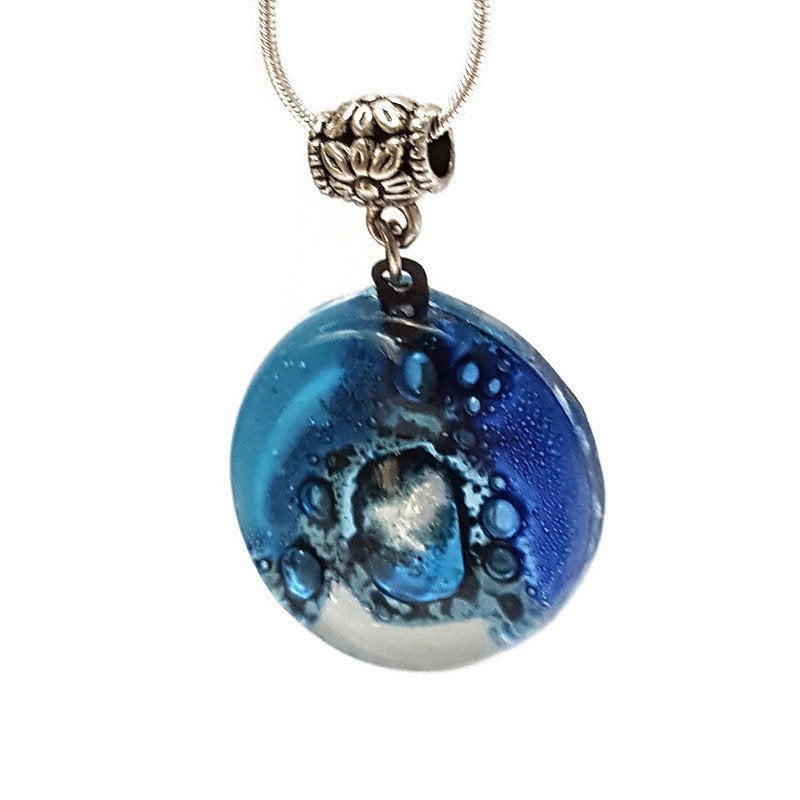 Glass pendant Blue and white round Fused Glass Necklace. Silver bubbles. Handmade gifts. Unque handcrafted necklace. Glass with bubbles