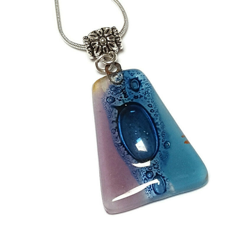 Blue and lilac Recycled Fused Glass small Pendant. Handmade unique geometric necklace. Glass with bubbles. Best One of a kind gifts.