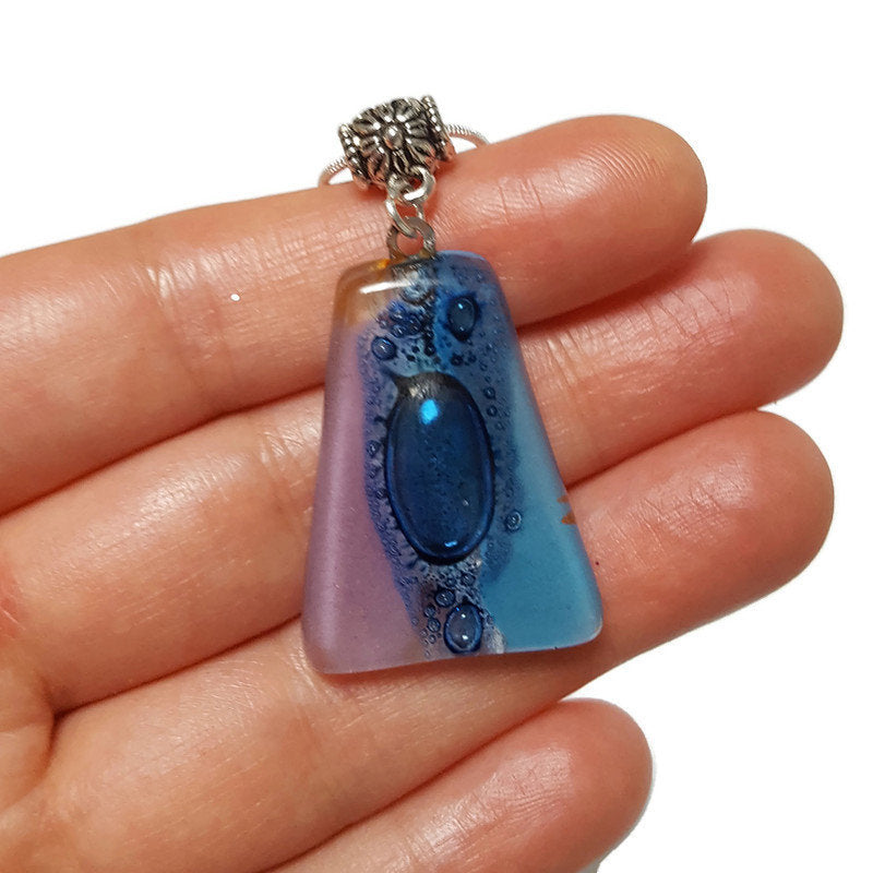 Blue and lilac Recycled Fused Glass small Pendant. Handmade unique geometric necklace. Glass with bubbles. Best One of a kind gifts.