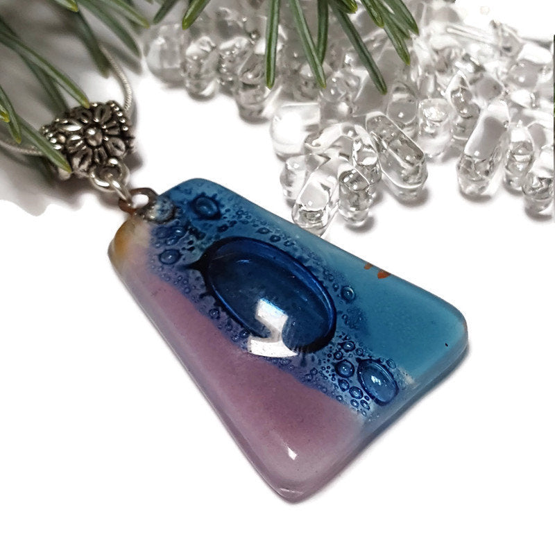 Blue and lilac Recycled Fused Glass small Pendant. Handmade unique geometric necklace. Glass with bubbles. Best One of a kind gifts.