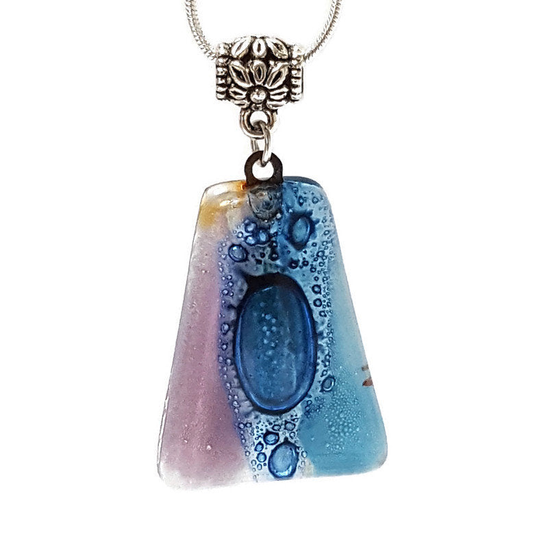 Blue and lilac Recycled Fused Glass small Pendant. Handmade unique geometric necklace. Glass with bubbles. Best One of a kind gifts.