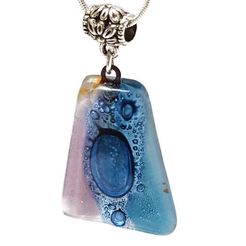 Blue and lilac Recycled Fused Glass small Pendant. Handmade unique geometric necklace. Glass with bubbles. Best One of a kind gifts.