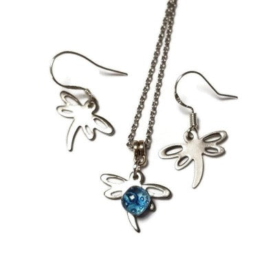 Small Dragonfly set. Dangle earrings and necklace. Recycled fused glass Blue bead. Unique handcrafted and ecofriendly. Dainty jewelry.
