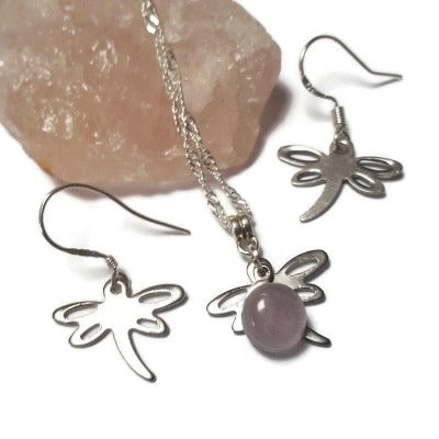 Small Dragonfly set. Dangle earrings and necklace. Recycled fused glass pale lilac bead. Unique handcrafted and ecofriendly. Dainty jewelry.