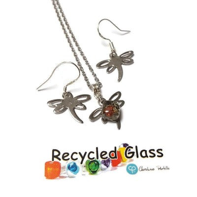 Small Dragonfly set. Drop earrings and necklace. Recycled fused glass sand and copper bead. Dainty, tiny, minimalist jewlery