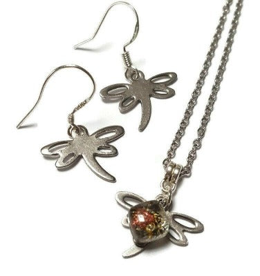 Small Dragonfly set. Drop earrings and necklace. Recycled fused glass sand and copper bead. Dainty, tiny, minimalist jewlery