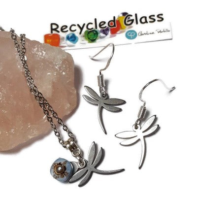 Small Dragonfly set. Drop earrings and necklace. Recycled fused glass mauve and brown. Minimalist, tiny and ecofriendly. Dainty