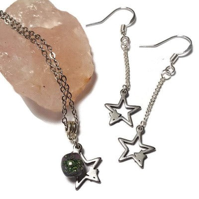 Long star earrings and pendant jewelry set. Purple and green Recycled fused glass bead necklace. Dainty celestial jewelry. Magical
