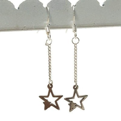 Long star earrings and pendant jewelry set. Purple and green Recycled fused glass bead necklace. Dainty celestial jewelry. Magical