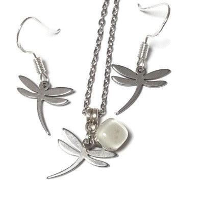 Small Dragonfly set. Drop earrings and necklace. Recycled fused glass white. Minimalist, tiny and ecofriendly. Dainty