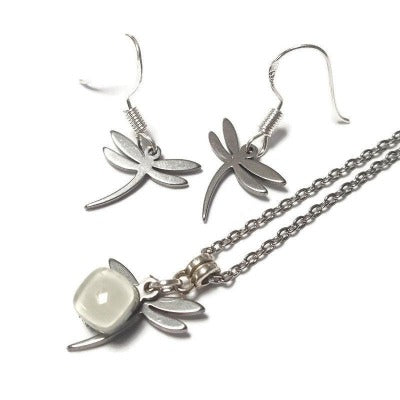 Small Dragonfly set. Drop earrings and necklace. Recycled fused glass white. Minimalist, tiny and ecofriendly. Dainty