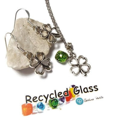 Shamrock Green set. Recycled fused glass pendant and small dangle earrings. Sterling silver hooks. Handmade small jewelry.
