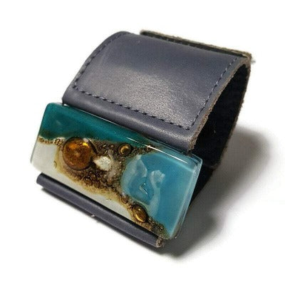 Wide Leather Cuff. Gray Leather Bracelet. Recycled glass Bracelet. Teal, white and brown cuff