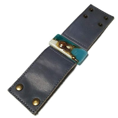Wide Leather Cuff. Gray Leather Bracelet. Recycled glass Bracelet. Teal, white and brown cuff