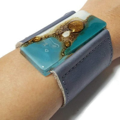 Wide Leather Cuff. Gray Leather Bracelet. Recycled glass Bracelet. Teal, white and brown cuff