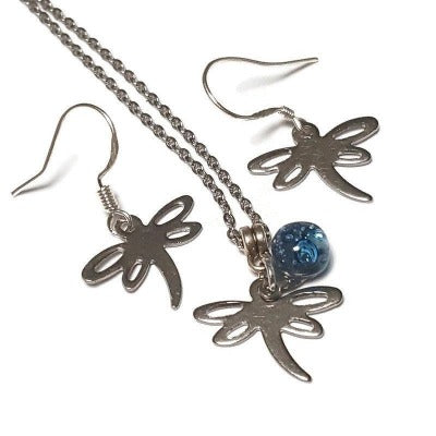Small Dragonfly set. Dangle earrings and necklace. Recycled fused glass Blue bead. Unique handcrafted and ecofriendly. Dainty jewelry.