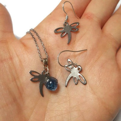 Small Dragonfly set. Dangle earrings and necklace. Recycled fused glass Blue bead. Unique handcrafted and ecofriendly. Dainty jewelry.