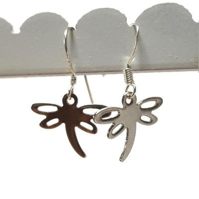 Small Dragonfly set. Dangle earrings and necklace. Recycled fused glass Blue bead. Unique handcrafted and ecofriendly. Dainty jewelry.