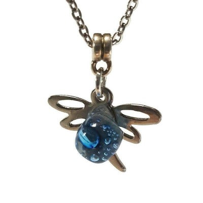 Small Dragonfly set. Dangle earrings and necklace. Recycled fused glass Blue bead. Unique handcrafted and ecofriendly. Dainty jewelry.