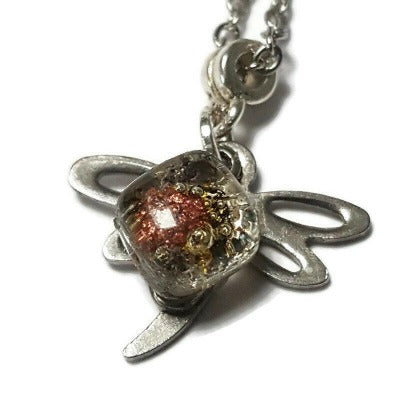 Small Dragonfly set. Drop earrings and necklace. Recycled fused glass sand and copper bead. Dainty, tiny, minimalist jewlery