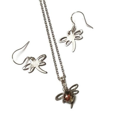 Small Dragonfly set. Drop earrings and necklace. Recycled fused glass sand and copper bead. Dainty, tiny, minimalist jewlery