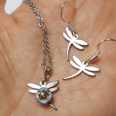 Small Dragonfly set. Drop earrings and necklace. Recycled fused glass mauve and brown. Minimalist, tiny and ecofriendly. Dainty
