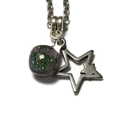 Long star earrings and pendant jewelry set. Purple and green Recycled fused glass bead necklace. Dainty celestial jewelry. Magical