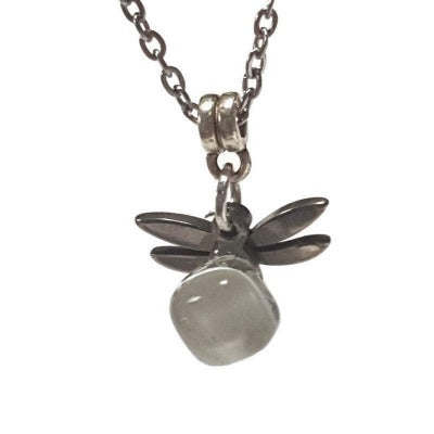 Small Dragonfly set. Drop earrings and necklace. Recycled fused glass white. Minimalist, tiny and ecofriendly. Dainty