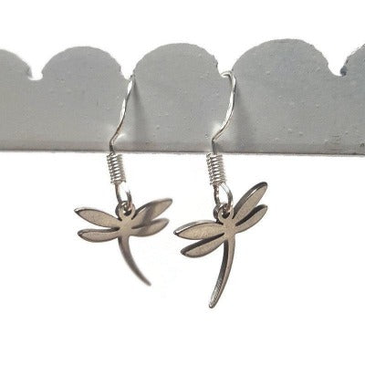 Small Dragonfly set. Drop earrings and necklace. Recycled fused glass white. Minimalist, tiny and ecofriendly. Dainty