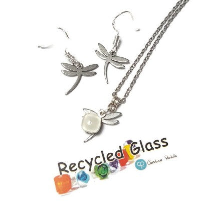 Small Dragonfly set. Drop earrings and necklace. Recycled fused glass white. Minimalist, tiny and ecofriendly. Dainty